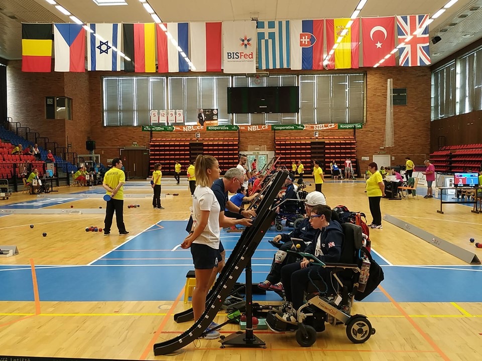 Beth and Christie on court at their first individual BISFed boccia regional event in 2019.