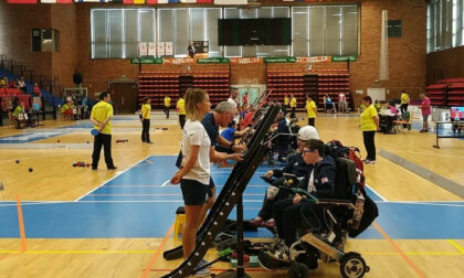 Beth Moulam, Boccia competition, on court with sports assistant