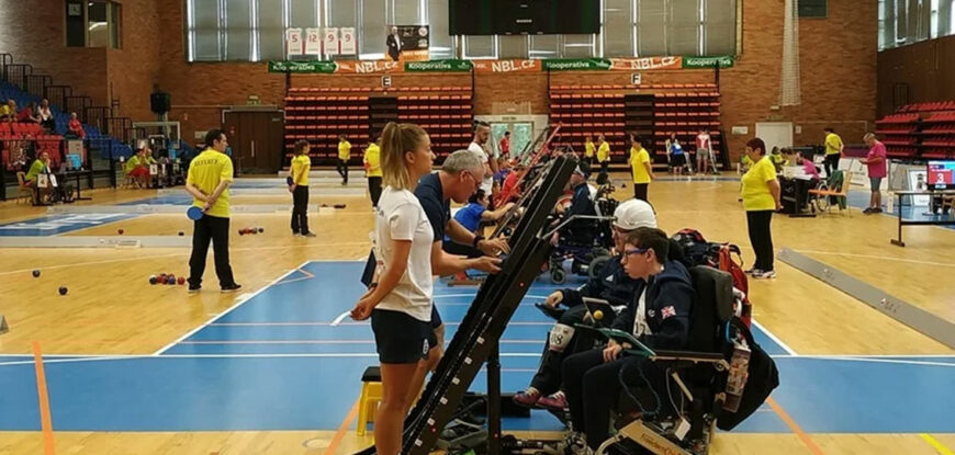 Beth Moulam, Boccia competition, on court with sports assistant