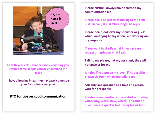 Beth Moulam's top tips communication card, cerebral palsy, AAC