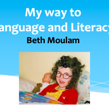 Young Beth Moulam with curly hair sat reading a book wearing glasses. Text says my way to language and literacy Beth Moulam