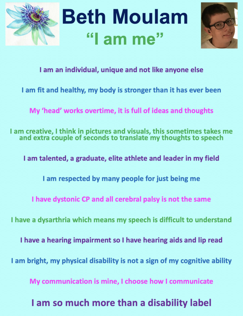 Beth Moulam, woman with cerebral palsy, hearing impairment and using AAC. I am me. A turquoise sheet of thoughts about what makes me, me.