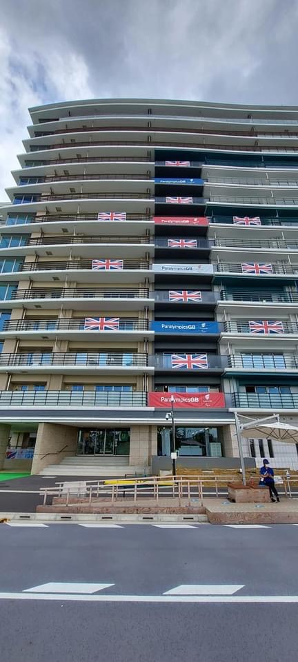 Block of apartments in the Athlete village at Tokyo 2020 paralympics with GB flags. Home of the GB squad during the games