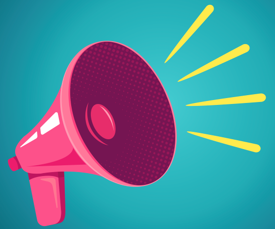 pink megaphone on turquoise background to denote shouting, blurting or being overheard