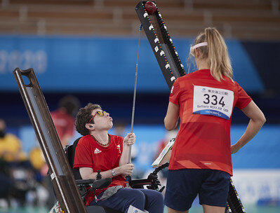 Beth Moulam, BC3 boccia athlete and Christie, ramp operator, Wearing number 334 in red t shirt, representing GB at Tokyo 2020 Paralympics