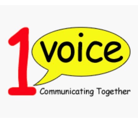 1 voice communicating together logo. Red number 1, Yellow speech bubble with the word voice underlined at bottom by communicating together.