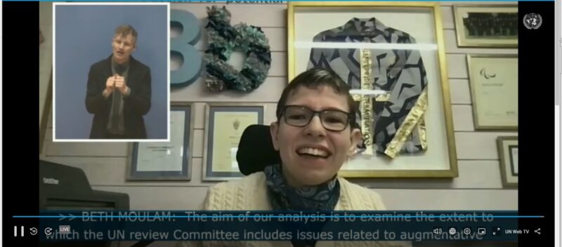 BEth Moulam on zoom screen addressing UNCRPD