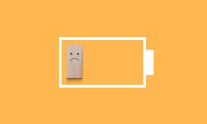 Yellow background, battery depleted with sad face icon, AAC