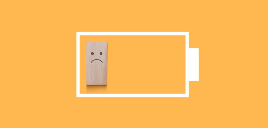 Yellow background, battery depleted with sad face icon, AAC