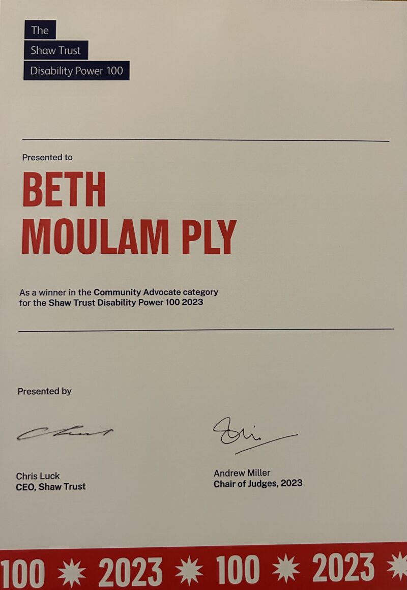 Power 100 Certificate 2023 to Beth Moulam PLY