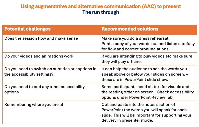 Using AAC to present: The run-through. Flow and making sense, checking videos and audio work, using accessibility features, keeping on track and in control.