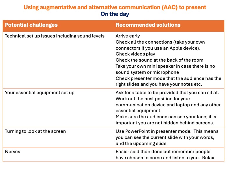 Using AAC to present. On the day arrive early to sort any technical issues, get your set up right for you, avoid turning to look at the big screen and try to relax.