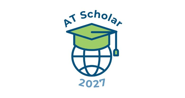 AT Scholar logo, globe with mortar board in green and 2027 below