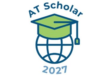 AT Scholar logo, globe with mortar board in green and 2027 below