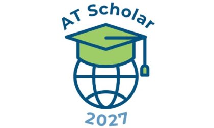 AT Scholar logo, globe with mortar board in green and 2027 below